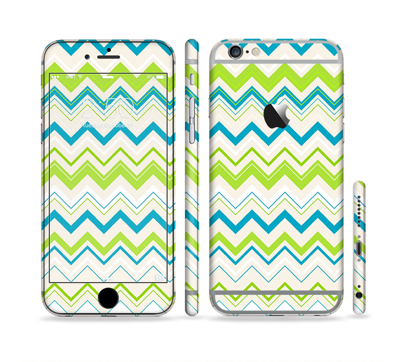 The Green & Blue Leveled Chevron Pattern Sectioned Skin Series for the Apple iPhone 6/6s Plus
