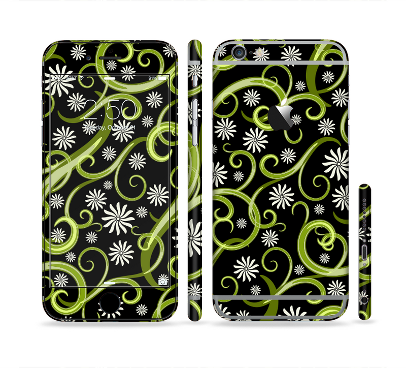 The Green Floral Swirls on Black Sectioned Skin Series for the Apple iPhone 6/6s