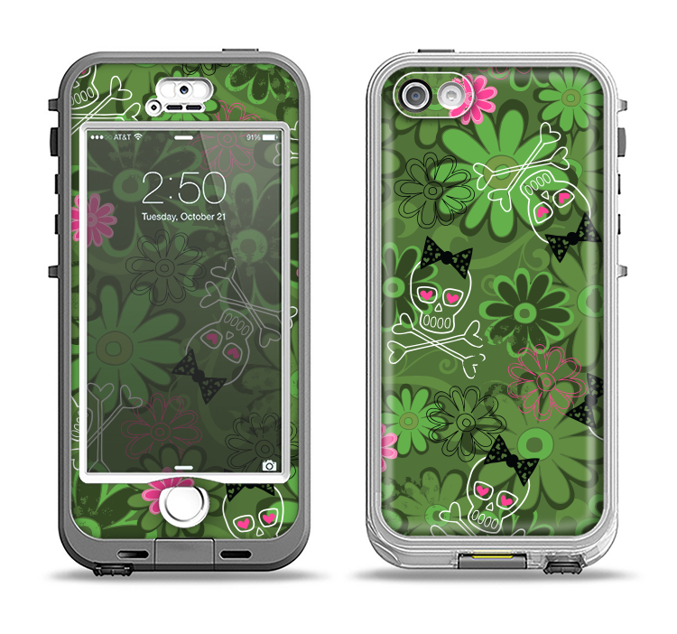 The Green Retro Floral and Skulls Apple iPhone 5-5s LifeProof Nuud Case Skin Set