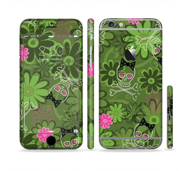 The Green Retro Floral and Skulls Sectioned Skin Series for the Apple iPhone 6/6s Plus