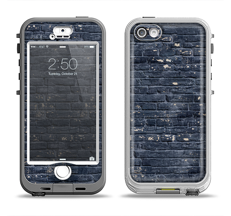The Grungy Dark Blue Brick Wall Apple iPhone 5-5s LifeProof Nuud Case Skin Set