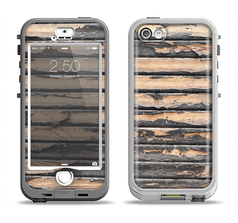 The Horizontal Peeled Dark Wood Apple iPhone 5-5s LifeProof Nuud Case Skin Set