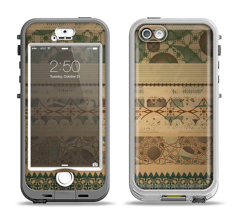 The Horizontal Tan & Green Vintage Pattern Apple iPhone 5-5s LifeProof Nuud Case Skin Set