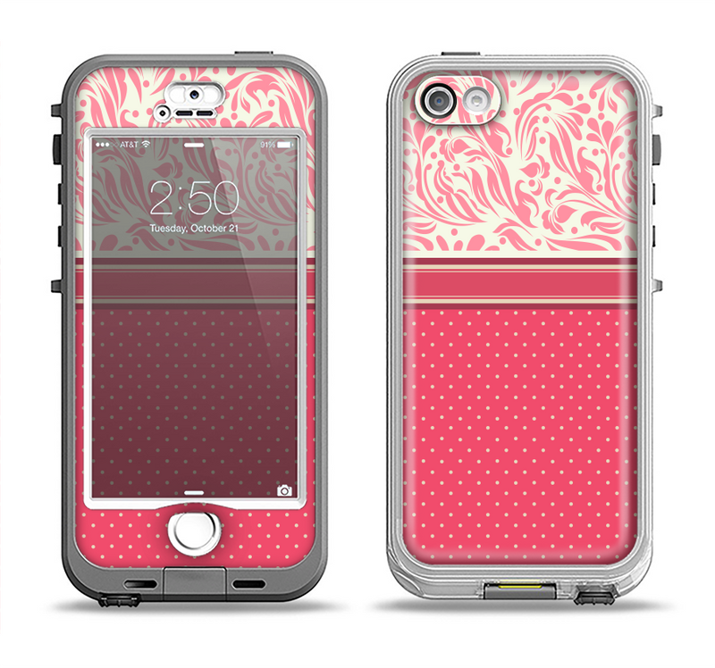 The Hot Pink Swirly Pattern with Polka Dots Apple iPhone 5-5s LifeProof Nuud Case Skin Set