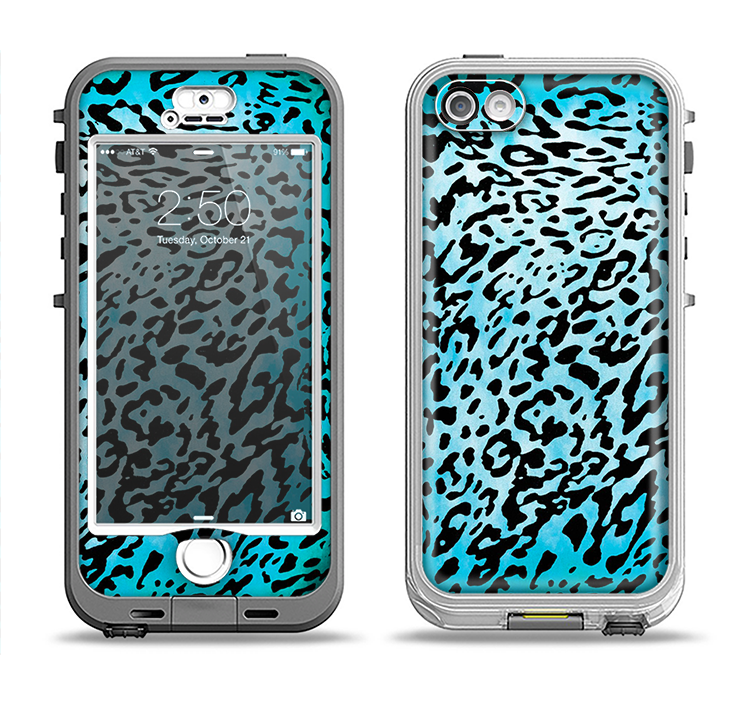 The Hot Teal Cheetah Animal Print Apple iPhone 5-5s LifeProof Nuud Case Skin Set