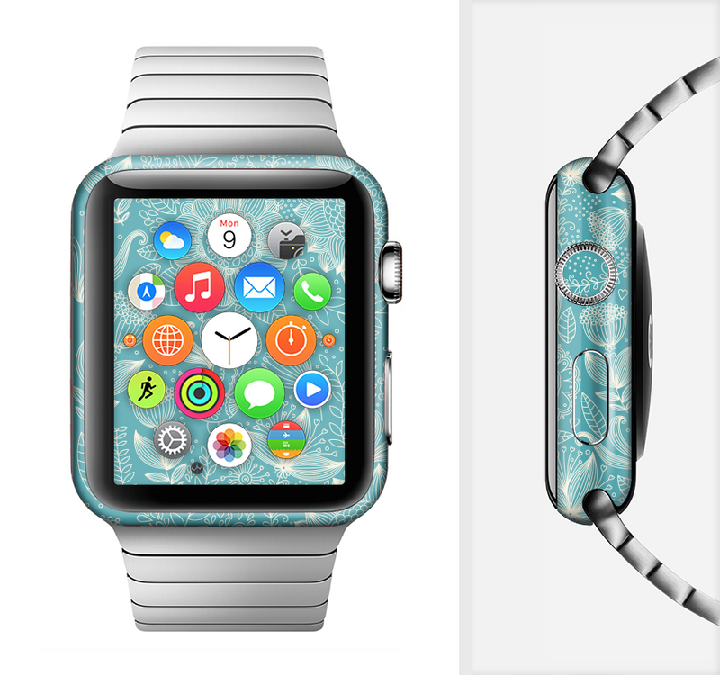 The Intricate Teal Floral Pattern Full-Body Skin Set for the Apple Watch