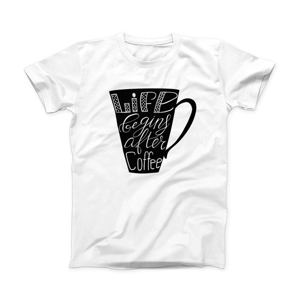 The Life Begins After Coffee ink-Fuzed Front Spot Graphic Unisex Soft-Fitted Tee Shirt