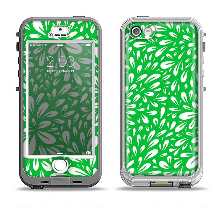The Lime Green & White Floral Sprout Apple iPhone 5-5s LifeProof Nuud Case Skin Set