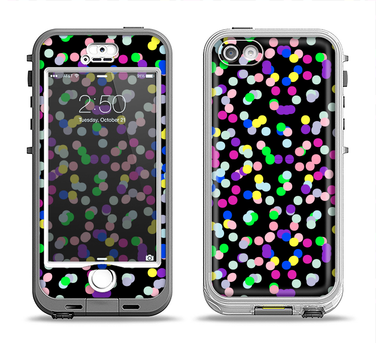 The Multicolored Polka with Black Background Apple iPhone 5-5s LifeProof Nuud Case Skin Set
