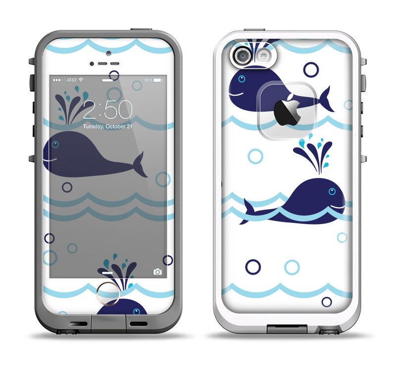The Navy Blue Smiley Whales Apple iPhone 5-5s LifeProof Fre Case Skin Set