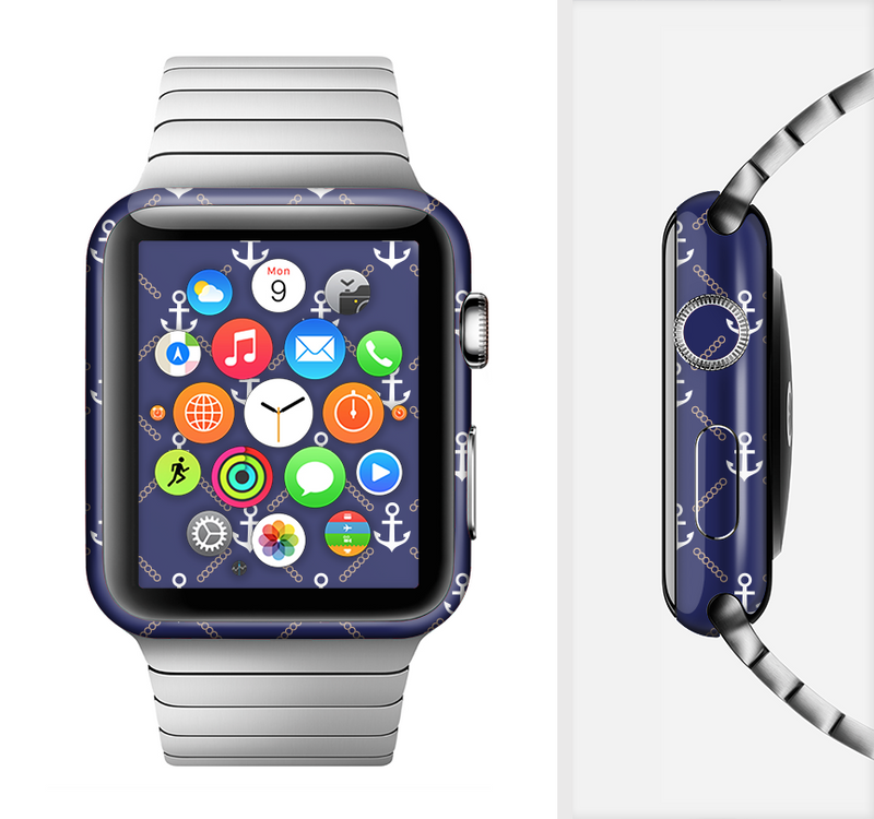 The Navy Blue & White Seamless Anchor Pattern Full-Body Skin Set for the Apple Watch
