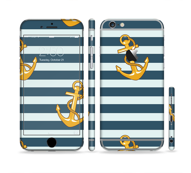 The Navy Striped with Gold Anchors Sectioned Skin Series for the Apple iPhone 6/6s