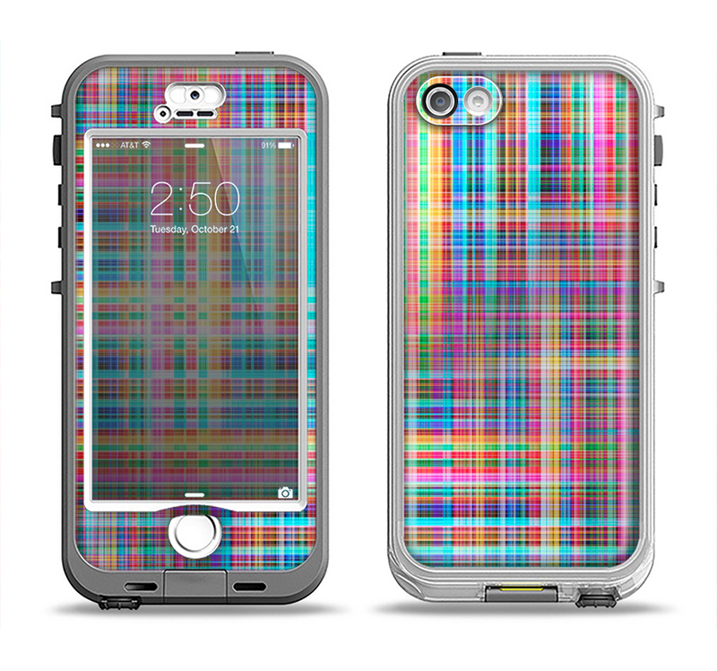 The Neon Faded Rainbow Plaid Apple iPhone 5-5s LifeProof Nuud Case Skin Set