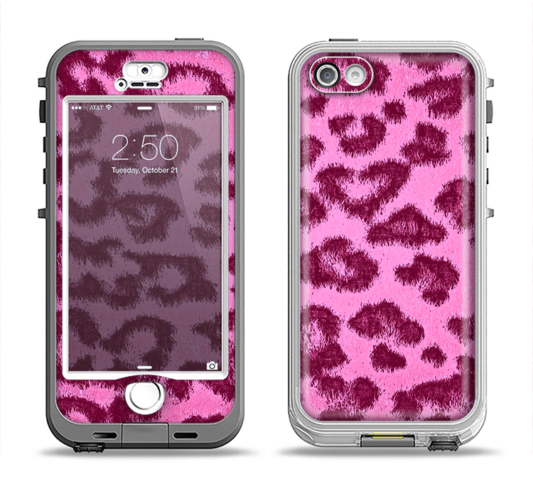 The Neon Pink Cheetah Animal Print Apple iPhone 5-5s LifeProof Nuud Case Skin Set