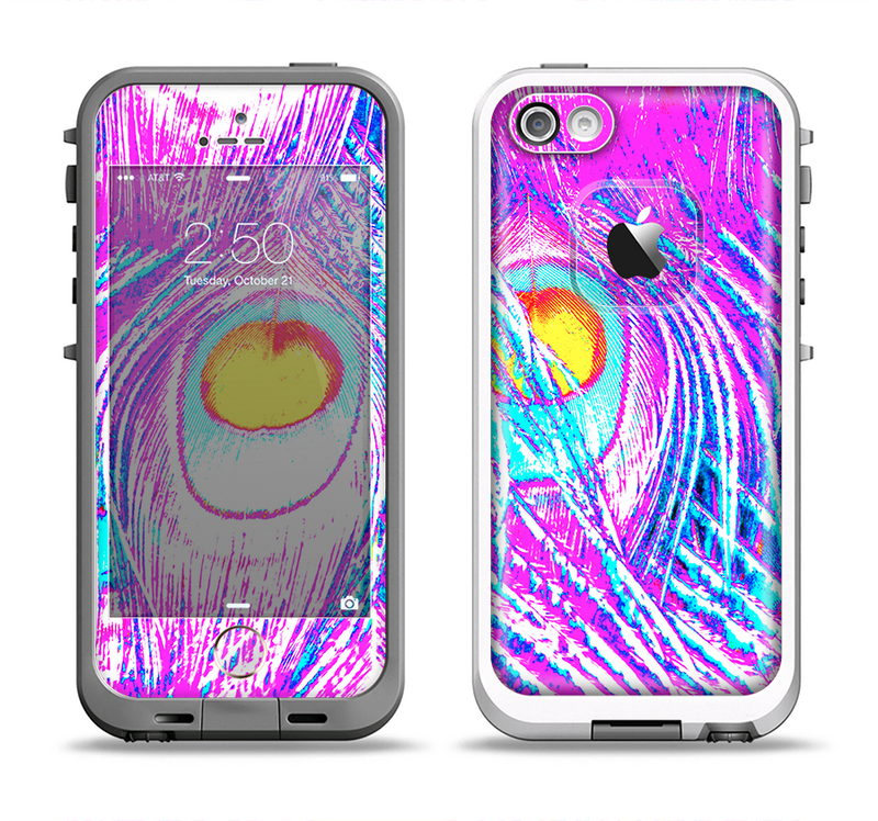 The Neon Pink & Turquoise Peacock Feather Apple iPhone 5-5s LifeProof Fre Case Skin Set