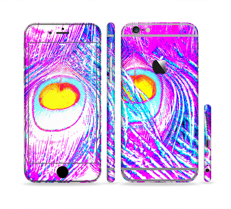 The Neon Pink & Turquoise Peacock Feather Sectioned Skin Series for the Apple iPhone 6/6s