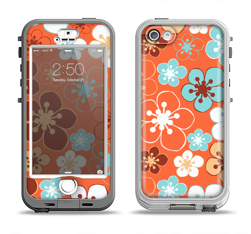 The Orange Vector Floral with Blue Apple iPhone 5-5s LifeProof Nuud Case Skin Set