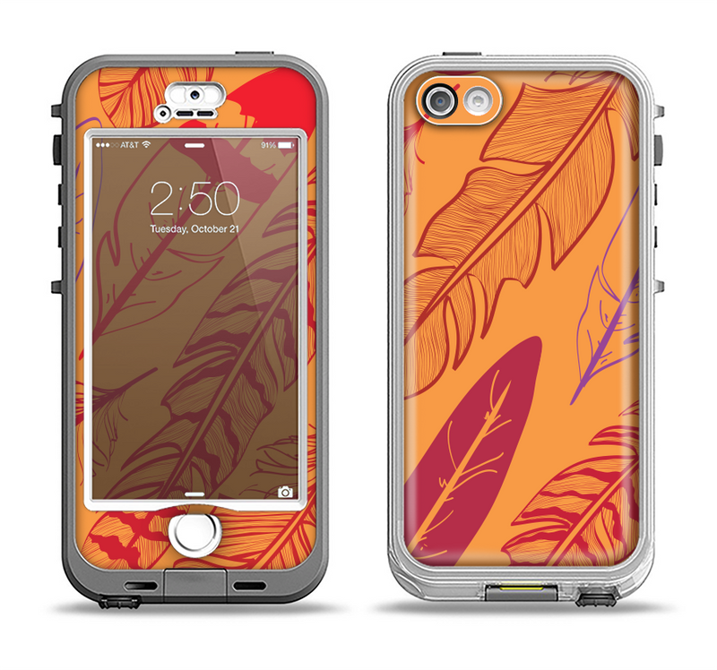 The Orange and Red Vector Feathers Apple iPhone 5-5s LifeProof Nuud Case Skin Set