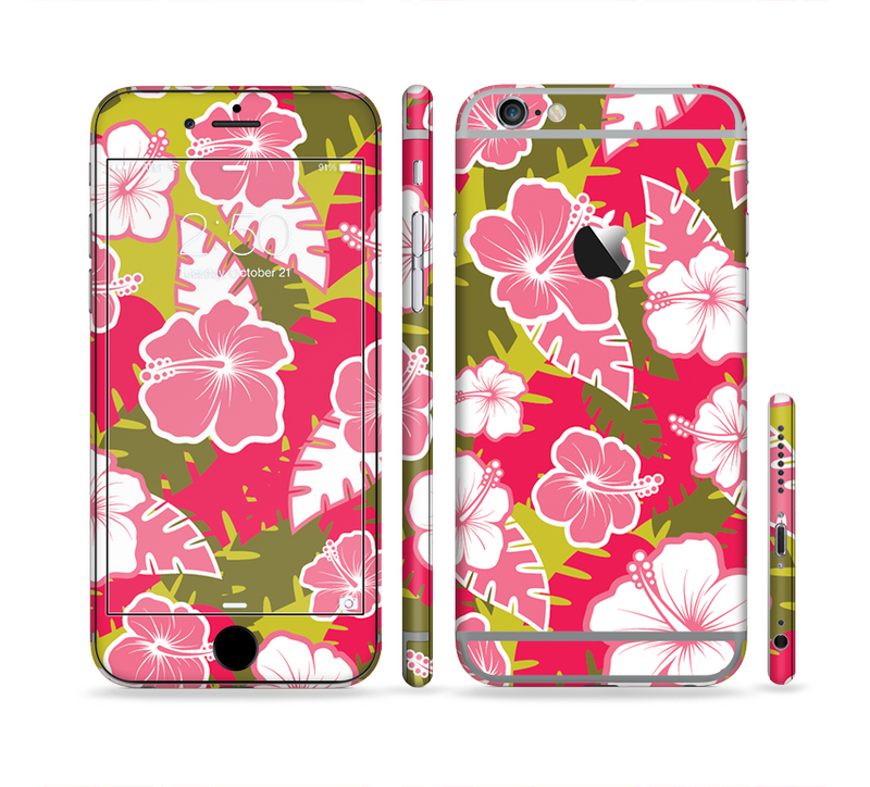 The Pink & Green Hawaiian Floral Pattern V4 Sectioned Skin Series for the Apple iPhone 6/6s