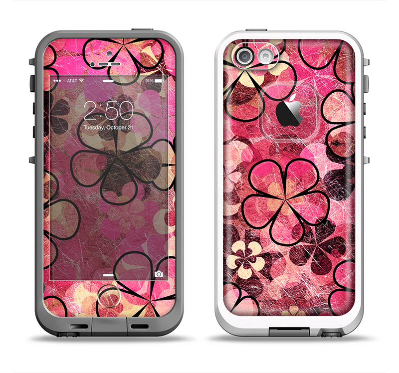 The Pink Grungy Floral Abstract Apple iPhone 5-5s LifeProof Fre Case Skin Set