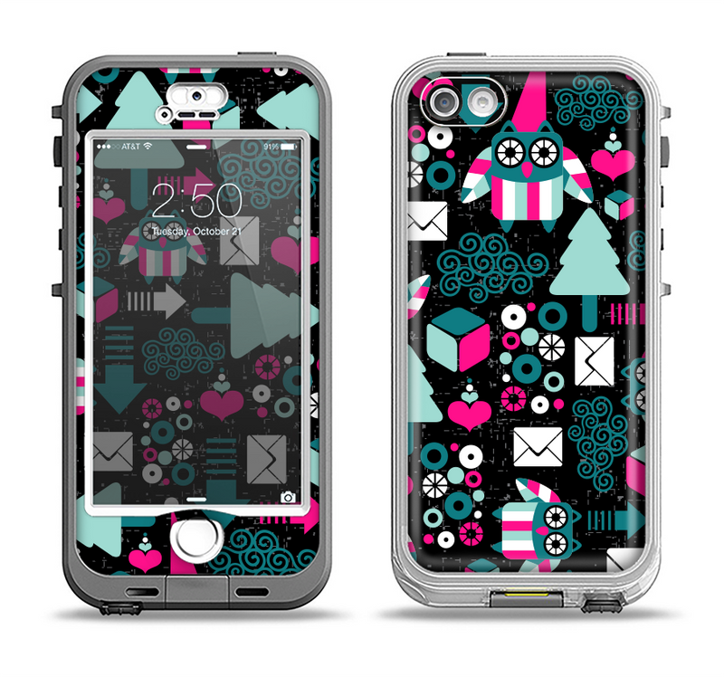 The Pink & Teal Owl Collaged Vector Shapes Apple iPhone 5-5s LifeProof Nuud Case Skin Set