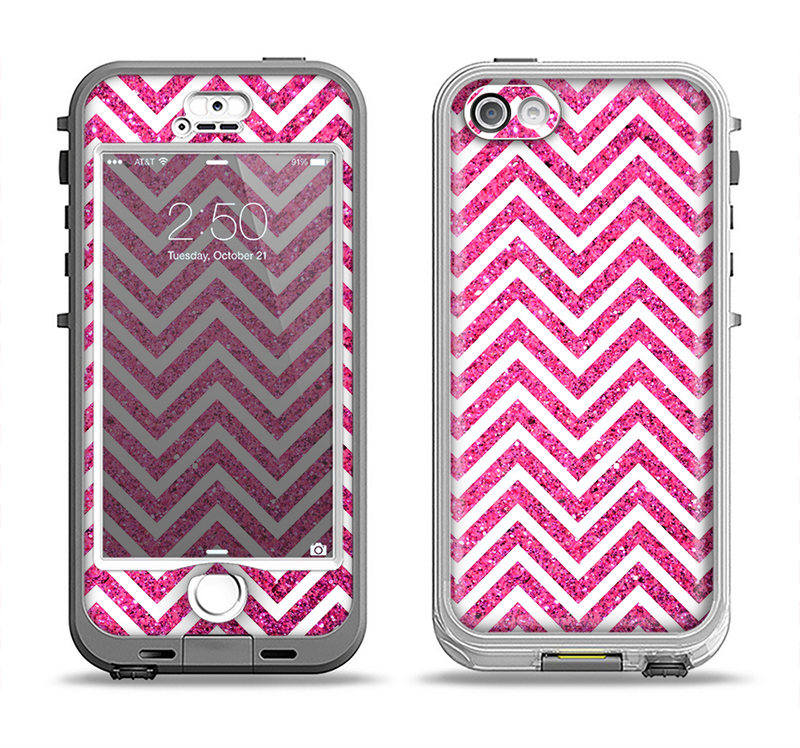 The Pink & White Sharp Glitter Print Chevron Apple iPhone 5-5s LifeProof Nuud Case Skin Set