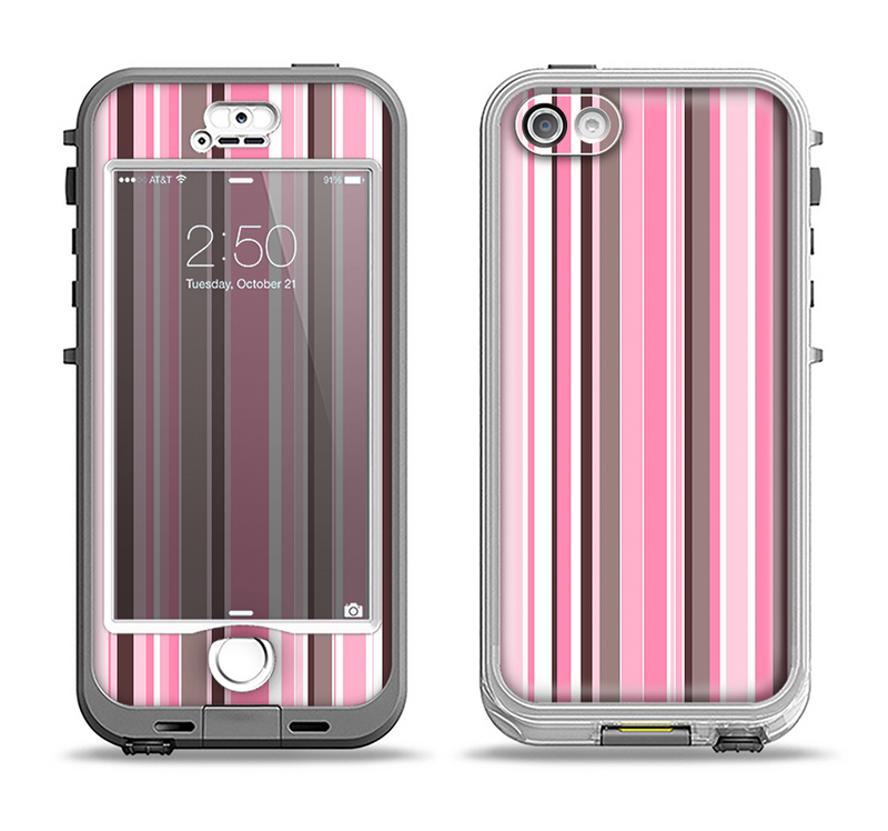 The Pink and Brown Fashion Stripes Apple iPhone 5-5s LifeProof Nuud Case Skin Set