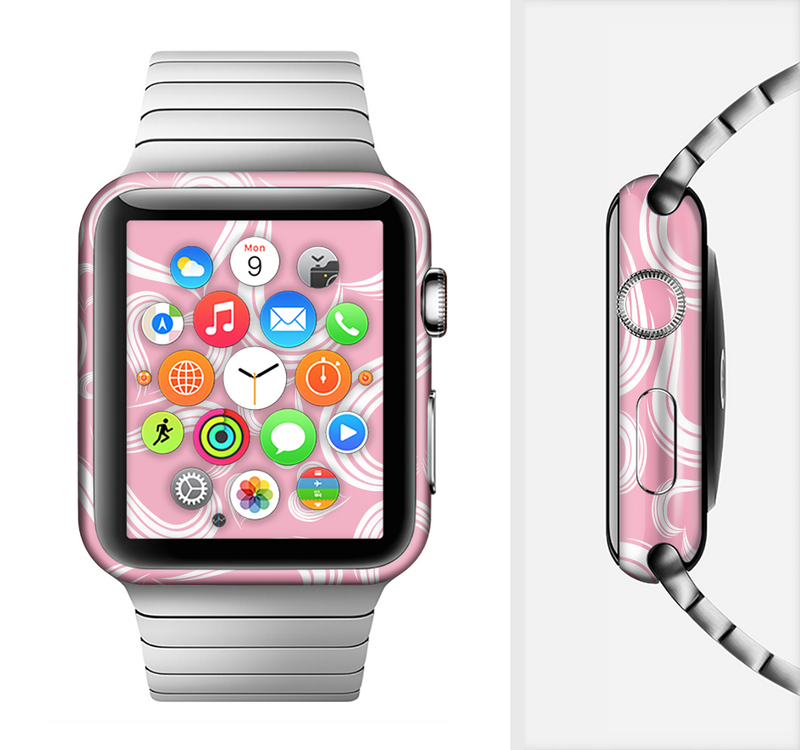 The Pink and White Vector Swirly Heart Pattern Full-Body Skin Set for the Apple Watch