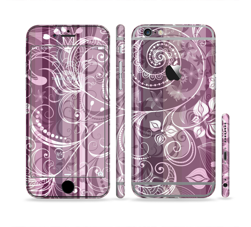 The Purple and Gray Stripes with Overlapping Floral Sectioned Skin Series for the Apple iPhone 6/6s