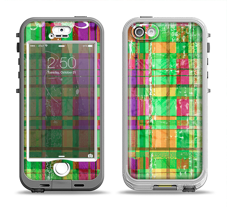 The Purple and Green Plad with Floral Pattern Apple iPhone 5-5s LifeProof Nuud Case Skin Set