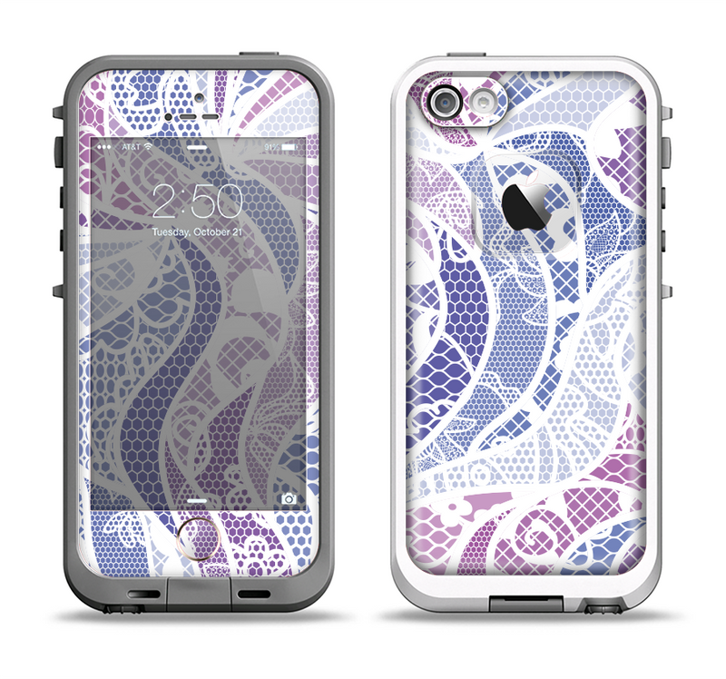 The Purple and White Lace Design Apple iPhone 5-5s LifeProof Fre Case Skin Set