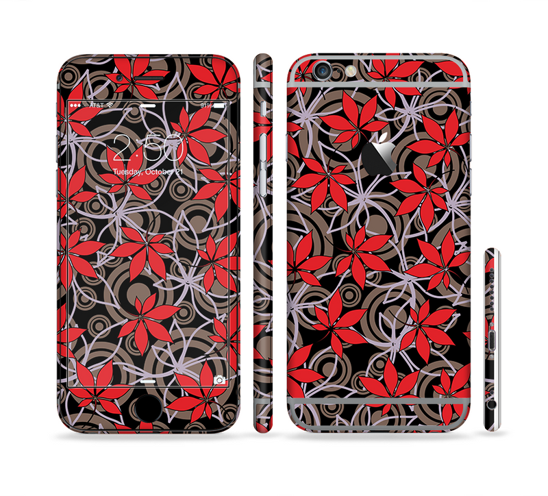 The Red Icon Flowers on Dark Swirl Sectioned Skin Series for the Apple iPhone 6/6s