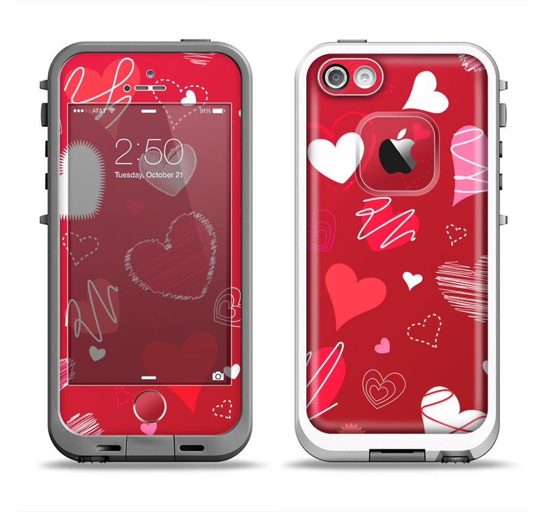 The Red Sketched Love Hearts Illustrastion Apple iPhone 5-5s LifeProof Fre Case Skin Set