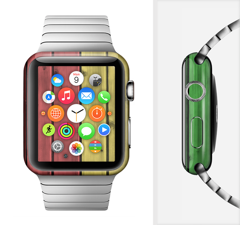The Red, Yellow and Green Wood Planks Full-Body Skin Set for the Apple Watch