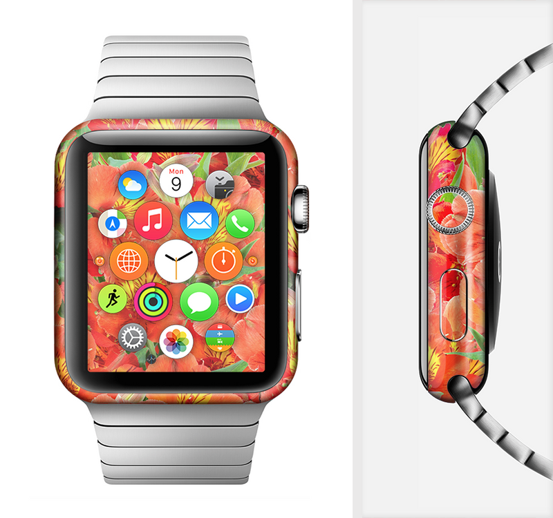 The Red and Yellow Watercolor Flowers Full-Body Skin Set for the Apple Watch