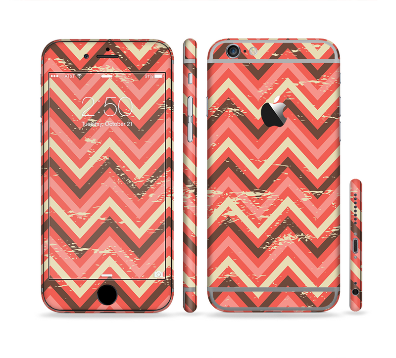 The Scratched Coral & Brown Layered Chevron V2 Sectioned Skin Series for the Apple iPhone 6/6s