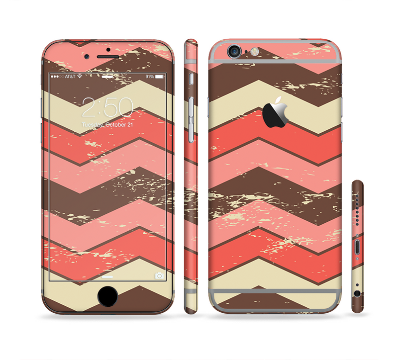 The Scratched Coral & Brown Layered Chevron V4 Sectioned Skin Series for the Apple iPhone 6/6s