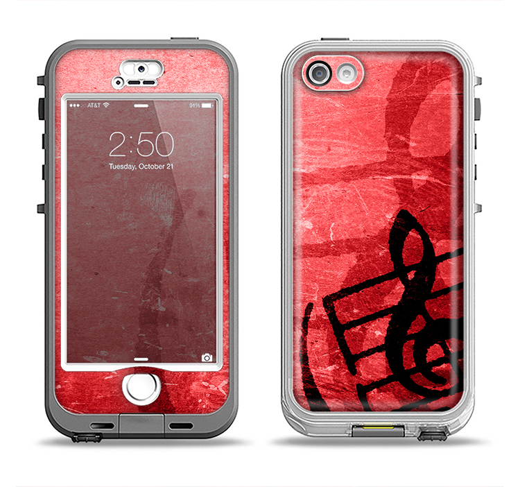 The Scratched Red Surface with Black Music Note Apple iPhone 5-5s LifeProof Nuud Case Skin Set