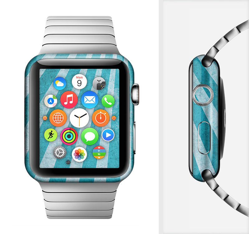 The Scratched Striped Blue Rays Full-Body Skin Set for the Apple Watch