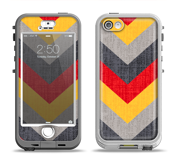 The Scratched Yellow & Red Accented Chevron Pattern V3 Apple iPhone 5-5s LifeProof Nuud Case Skin Set