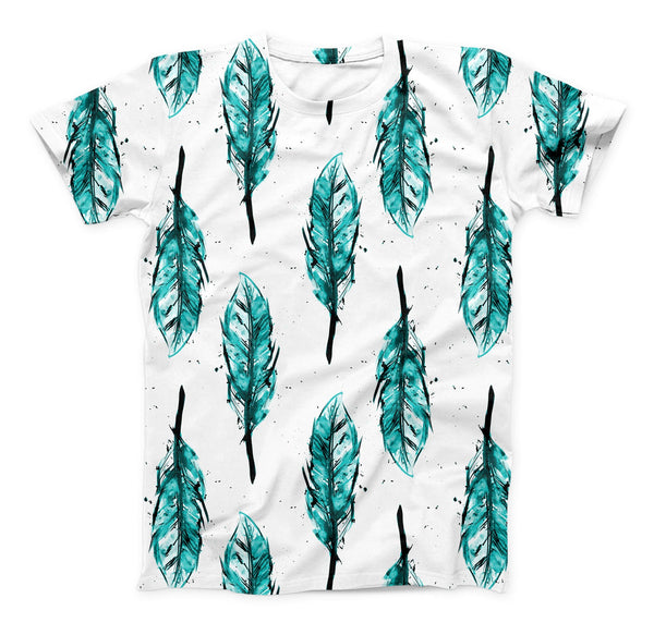 The Splattered Teal Watercolor Feathers ink-Fuzed Unisex All Over Full-Printed Fitted Tee Shirt