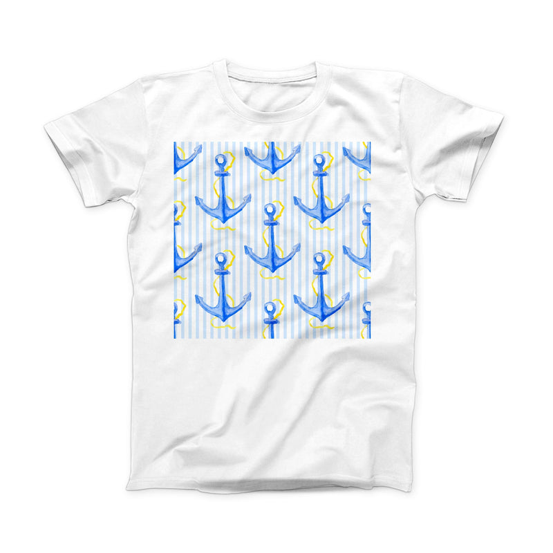 The Striped Blue and Gold Watercolor Anchor ink-Fuzed Front Spot Graphic Unisex Soft-Fitted Tee Shirt