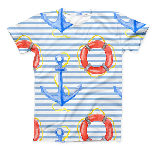 The Striped Watercolor Nautical Blue and Pink ink-Fuzed Unisex All Over Full-Printed Fitted Tee Shirt