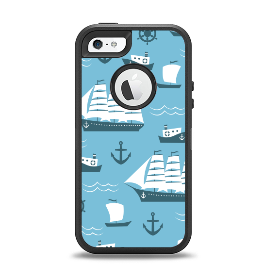 The Subtle Blue Ships and Anchors Apple iPhone 5-5s Otterbox Defender Case Skin Set