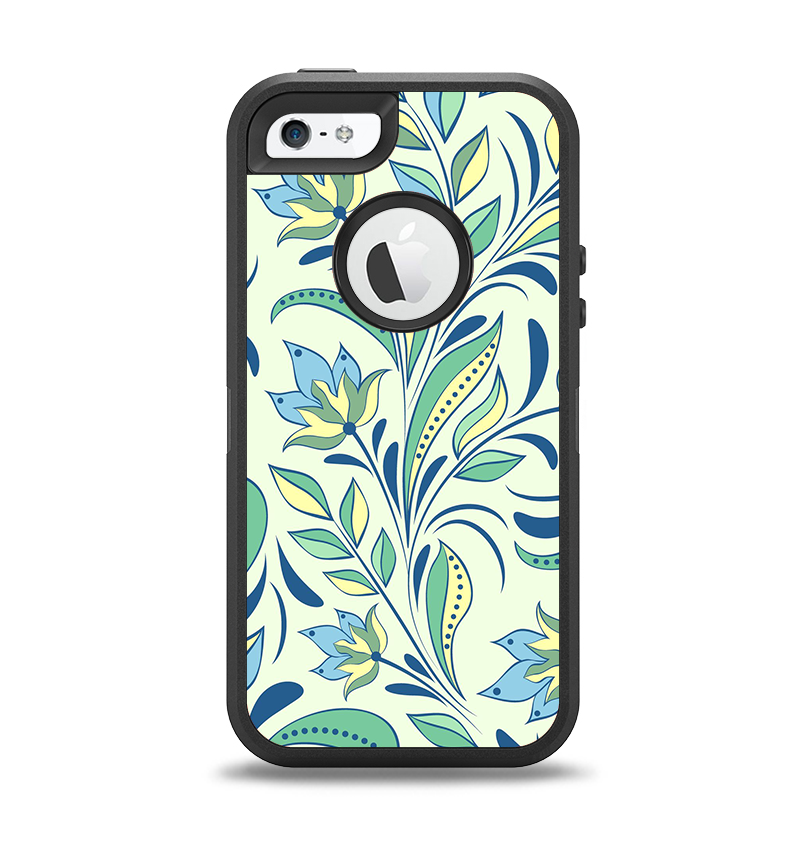 The Subtle Green Floral Vector Pattern Apple iPhone 5-5s Otterbox Defender Case Skin Set