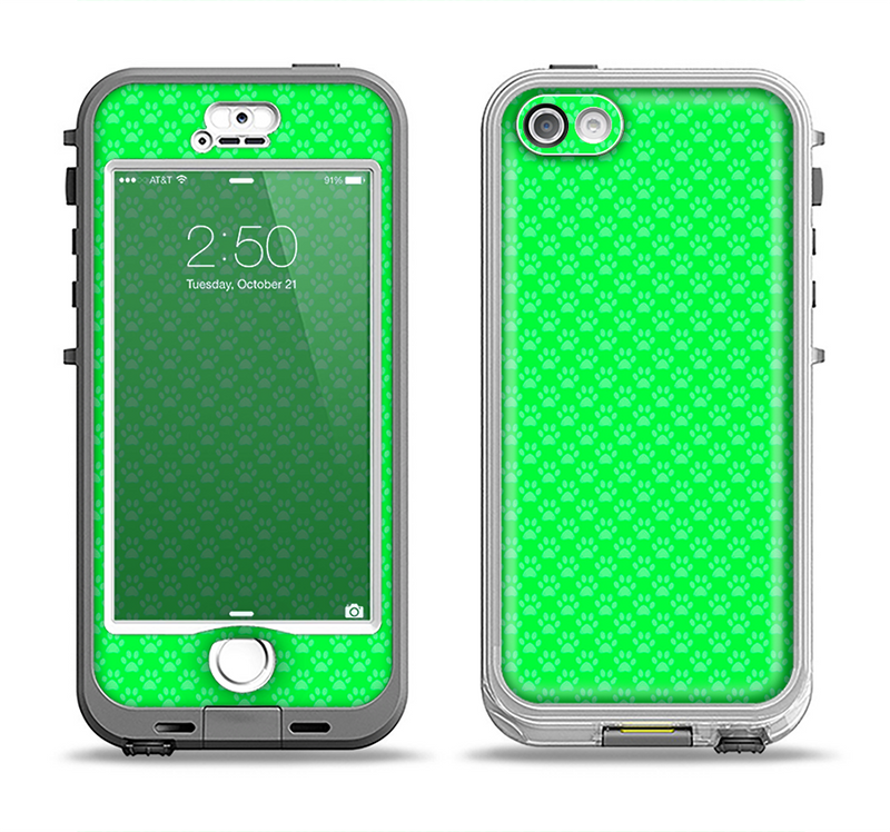 The Subtle Green Paw Prints Apple iPhone 5-5s LifeProof Nuud Case Skin Set