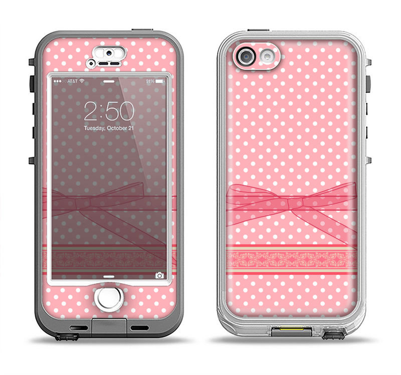 The Subtle Pink Polka Dot with Ribbon Apple iPhone 5-5s LifeProof Nuud Case Skin Set