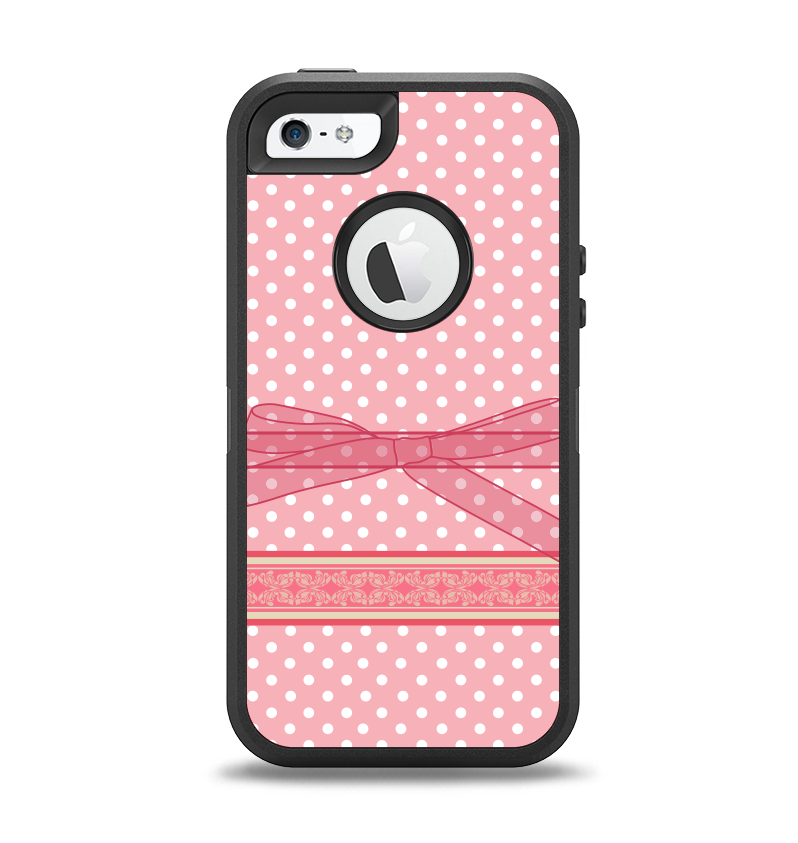 The Subtle Pink Polka Dot with Ribbon Apple iPhone 5-5s Otterbox Defender Case Skin Set