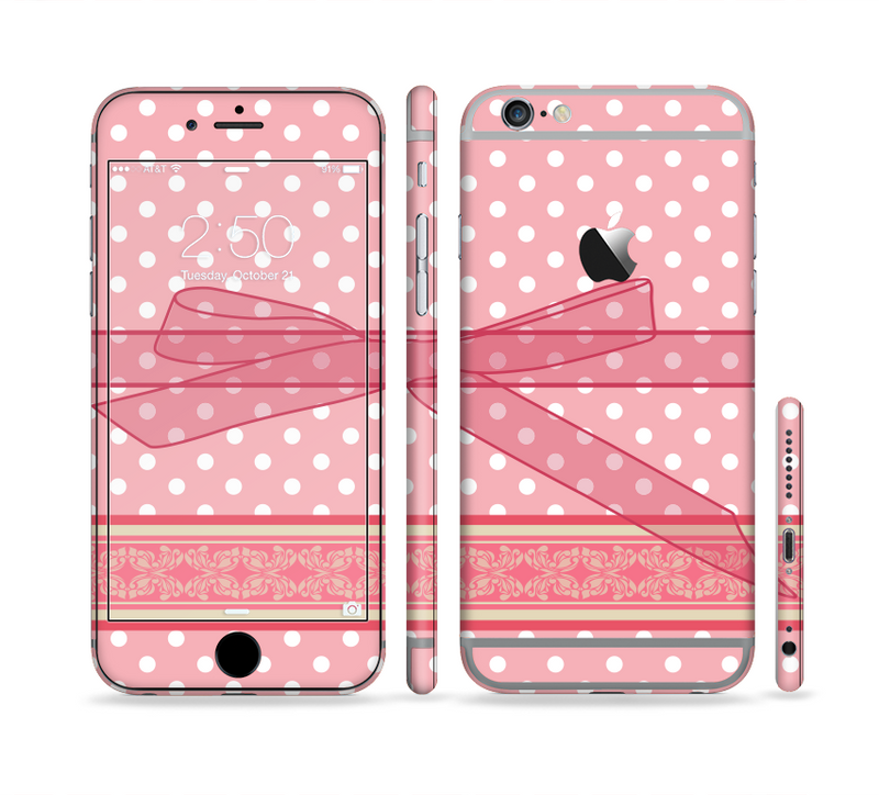 The Subtle Pink Polka Dot with Ribbon Sectioned Skin Series for the Apple iPhone 6/6s Plus