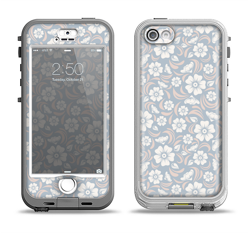 The Subtle White and Blue Floral Laced V32 Apple iPhone 5-5s LifeProof Nuud Case Skin Set